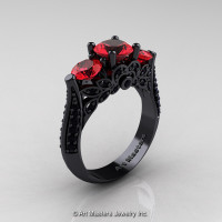 Art Masters Classic 14K Black Gold Three Stone Rubies Black Diamond Solitaire Ring R200-14KBGBDR-1