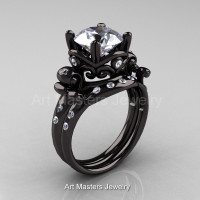 Modern Vintage 14K Black Gold 3.0 Ct White CZ White Diamond Solitaire Ring Set R167S-14KBGDCZ-1