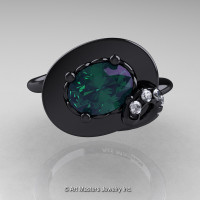 Art Nouveau 14K Black Gold 1.0 Ct Oval Alexandrite Diamond Nature Inspired Engagement Ring R296-14KBGDAL-1