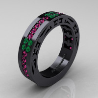 Womens Modern Vintage 14K Black Gold Pink Sapphire Emerald Wedding Band R474F-14KBGEMPS-1