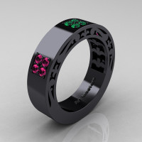Mens Modern Vintage 14K Black Gold Pink Sapphire Emerald Wedding Band R474M-14KBGEMPS-1