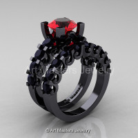 Modern Vintage 14K Black Gold 3.0 Ct Ruby Black Diamond Designer Wedding Ring Bridal Set R142S-14KBGBDR-1