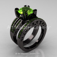 Modern Vintage 14K Black Gold 3.0 Carat Peridot Solitaire and Wedding Ring Bridal Set R102S-14KBGP-1