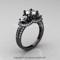 French 14K Black Gold Three Stone Russian CZ Diamond Wedding Ring Engagement Ring R182-14KBGDCZ-1