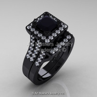 Art Masters French 14K Black Gold 1.0 Ct Princess Black and White Diamond Engagement Ring Wedding Band Set R215PS-14KBGDBD-1