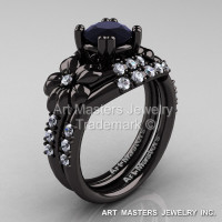 Nature Inspired 14K Black Gold 1.0 Ct Black Moissanite Diamond Leaf and Vine Engagement Ring Wedding Band Set R245S-14KBGDBM-1