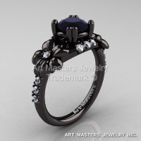 Nature Inspired 14K Black Gold 1.0 Ct Black Moissanite Diamond Leaf and Vine Engagement Ring R245-14KBGDBM-1