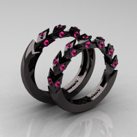 Modern Italian 14K Black Gold Pink Sapphire Wedding Band Set R320BS-14KBGPS-1