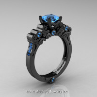 Classic Armenian 14K Black Gold 1.0 Ct Princess Swiss Blue Topaz Solitaire Wedding Ring R608-14KBGBT-1