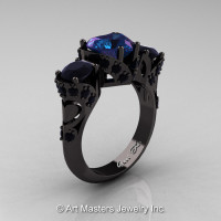 Scandinavian 14K Black Gold 2.0 Ct Heart Alexandrite Black Diamond Three Stone Designer Engagement Ring R434M-14KBGBDAL-1