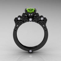 Classic Armenian 14K Black Gold 1.0 Ct Peridot Diamond Solitaire Wedding Ring R608-14KBGDP-1