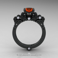 Classic Armenian 14K Matte Black Gold 1.0 Ct Orange Sapphire Diamond Solitaire Wedding Ring R608-14KMBGDOS-1