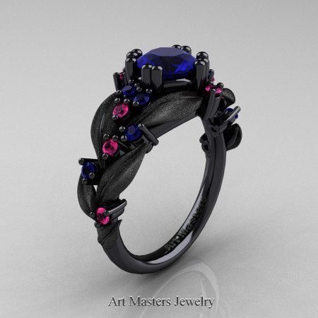 Nature-Classic-14K-Black-Gold-1-0-Ct-Blue-Sapphire-Blue-Pink-Sapphire-Leaf-and-Vine-Engagement-Ring-R340S-14KBGPSBS-P