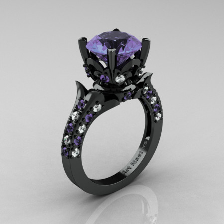 Classic French 14K Black Gold 4.0 Carat Light Tanzanite Diamond Solitaire Wedding Ring R401-14KBGDLTT
