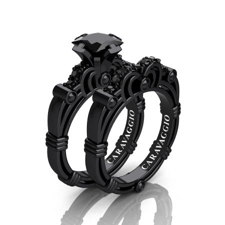 Caravagio-14K-Black-Gold-1-25-Carat-Princess-Black-Diamond-Engagement-Ring-Wedding-Band-Set-R623PS-14KBGBD-P