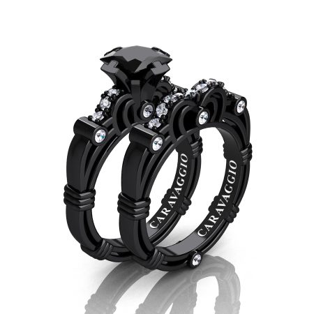 Caravagio-14K-Black-Gold-1-25-Carat-Princess-Black-and-White-Diamond-Engagement-Ring-Wedding-Band-Set-R623PS-14KBGDBD-P