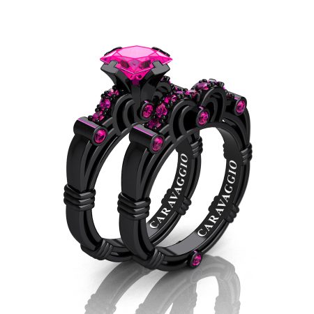 Art-Masters-Caravaggio-14K-Black-Gold-1-25-Carat-Princess-Pink-Sapphire-Engagement-Ring-Wedding-Band-Set-R623PS-14KBGPS2