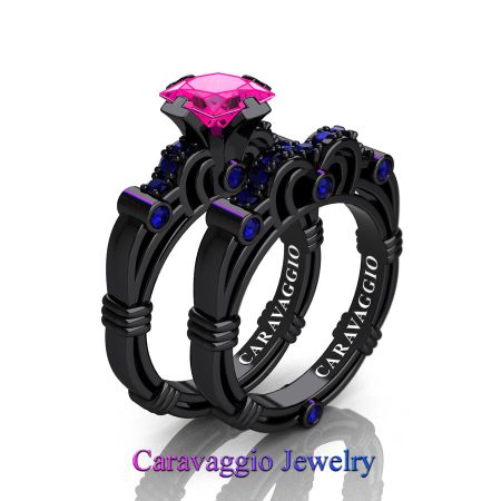 Caravaggio-14K-Black-Gold-1-25-Carat-Princess-Pink-and-Blue-Sapphire-Engagement-Ring-Wedding-Band-Set-R623PS-14KBGBSPS-P
