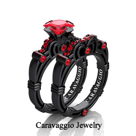 Caravaggio-14K-Black-Gold-1-25-Carat-Princess-Ruby-Engagement-Ring-Wedding-Band-Set-R623PS-14KBGR-P2