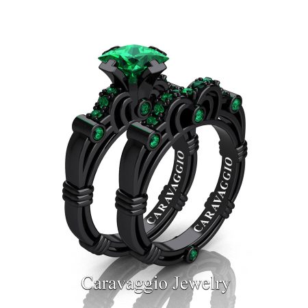Art-Masters-Caravaggio-14K-Black-Gold-1-25-Carat-Princess-Emerald-Engagement-Ring-Wedding-Band-Set-R623PS-14KBGEM-P2