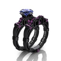 Art Masters Caravaggio 14K Black Gold 1.25 Ct Princess Light Blue and Pink Sapphire Engagement Ring Wedding Band Set R623PS-14KBGLPSLBS