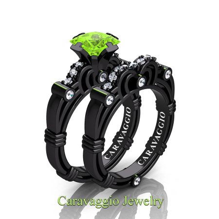 Art-Masters-Caravaggio-14K-Black-Gold-1-25-Carat-Princess-Peridot-Diamond-Engagement-Ring-Wedding-Band-Set-R623PS-14KBGDP-P