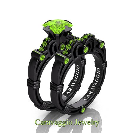 Art-Masters-Caravaggio-14K-Black-Gold-1-25-Carat-Princess-Peridot-Engagement-Ring-Wedding-Band-Set-R623PS-14KBGP-P
