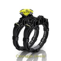 Art Masters Caravaggio 14K Black Gold 1.25 Ct Princess Yellow Sapphire Black Diamond Engagement Ring Wedding Band Set R623PS-14KBGBDYS