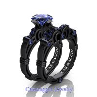 Art Masters Caravaggio 14K Black Gold 1.25 Ct Princess Light Blue Sapphire Engagement Ring Wedding Band Set R623PS-14KBGLBS