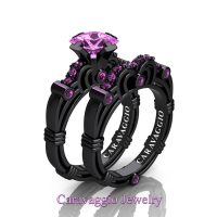Art Masters Caravaggio 14K Black Gold 1.25 Ct Princess Light Pink Sapphire Engagement Ring Wedding Band Set R623PS-14KBGLPS