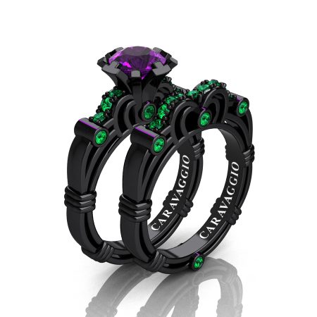 Art-Masters-Caravaggio-14K-Black-Gold-1-0-Ct-Amethyst-Emerald-Engagement-Ring-Wedding-Band-Set-R623S-14KBGEMAM-P