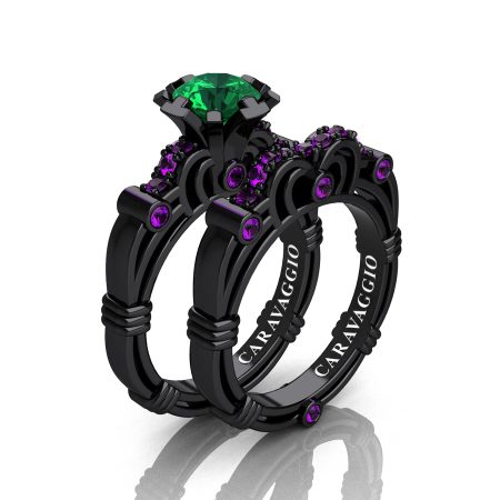 Art-Masters-Caravaggio-14K-Black-Gold-1-0-Ct-Emerald-Amethyst-Engagement-Ring-Wedding-Band-Set-R623S-14KBGAMEM-P