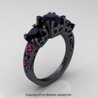 Modern Vintage 14K Flat Black Gold 2.0 Ct Three Stone Black Diamond Pink Sapphire Solitaire Ring R522-14KFBGPSBD