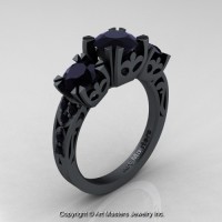 Modern Vintage 14K Flat Black Gold 2.0 Ct Three Stone Black Diamond Solitaire Ring R522-14KFBGBD