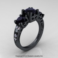 Modern Vintage 14K Flat Black Gold 2.0 Ct Three Stone Black and White Diamond Solitaire Ring R522-14KFBGDBD