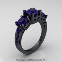 Modern Vintage 14K Flat Black Gold 2.0 Ct Three Stone Blue Sapphire Solitaire Ring R522-14KFBGBS