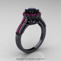 Caravaggio Italian 14K Black Gold 1.0 Ct Black Diamond Pink Sapphire Solitaire Engagement Ring R622-14KBGPSBD