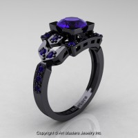 Classic 14K Black Gold 1.0 Ct Blue Sapphire Engagement Ring Wedding Ring R510-14KBGBS