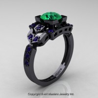 Classic 14K Black Gold 1.0 Ct Emerald Blue Sapphire Engagement Ring Wedding Ring R510-14KBGBSEM
