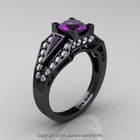 Edwardian 14K Black Gold 1.0 Ct Amethyst Diamond Engagement Ring R285-14KBGDAM