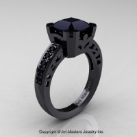 Modern Art Deco 14K Black Gold 3.0 Ct Royal Emerald Cut Black Diamond Accent Solitaire Ring R680-14KBGBD