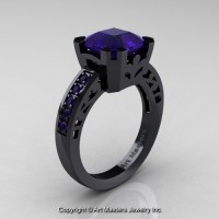 Modern Art Deco 14K Black Gold 3.0 Ct Royal Emerald Cut Blue Sapphire Accent Solitaire Ring R680-14KBGBS