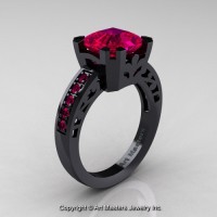 Modern Art Deco 14K Black Gold 3.0 Ct Royal Emerald Cut Rose Ruby Accent Solitaire Ring R680-14KBGRR
