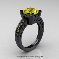 Modern Art Deco 14K Black Gold 3.0 Ct Royal Emerald Cut Yellow Sapphire Accent Solitaire Ring R680-14KBGYS