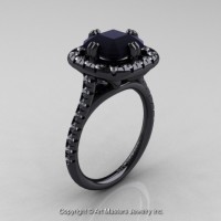 Modern French 14K Black Gold 3.0 Ct Royal Emerald Cut Black and White Diamond Single Halo Engagement Ring R288-14KBGDBD