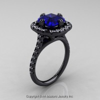 Modern French 14K Black Gold 3.0 Ct Royal Emerald Cut Blue Sapphire Diamond Single Halo Engagement Ring R288-14KBGDBS