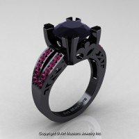 Modern Vintage 14K Black Gold 3.0 Ct Black Diamond Pink Sapphire Solitaire Ring R102-14KBGPSBD