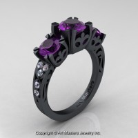 Modern Vintage 14K Flat Black Gold 2.0 Ct Three Stone Amethyst Diamond Solitaire Ring R522-14KFBGDAM