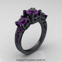 Modern Vintage 14K Flat Black Gold 2.0 Ct Three Stone Amethyst Solitaire Ring R522-14KFBGAM