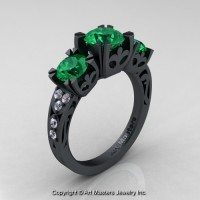 Modern Vintage 14K Flat Black Gold 2.0 Ct Three Stone Emerald Diamond Solitaire Ring R522-14KFBGDEM